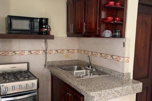 a kitchen with a sink and a stove and a microwave at Apartment in San Pedro de Macoris. in San Pedro de Macorís