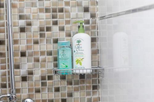 a bathroom with two bottles of soap on a shelf at ESPACE VIRAGE in Dakar