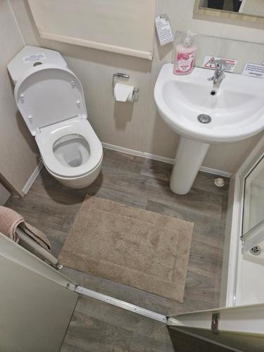 een kleine badkamer met een toilet en een wastafel bij Jenny,s place in Saint Osyth