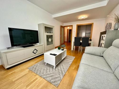 a living room with a couch and a flat screen tv at Studio 14 + garaje incluido. Nuevo, elegante, acogedor. in Haro