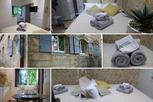 un collage de cuatro fotos de una habitación con toallas en La Bougnate Proche des Thermes Royat/Chamalières, en Chamalières