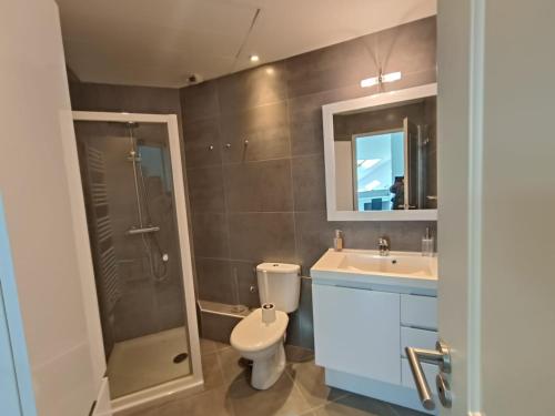une salle de bain avec toilettes, douche et lavabo dans l'établissement Patio d'Azur toit terrasse haut de gamme 3 ch jacuzzi coeur de ville et plage, à Saint-Raphaël