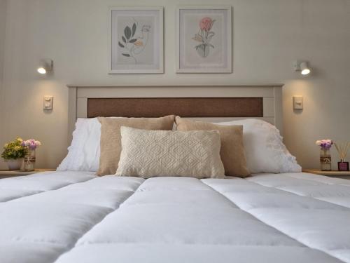 2 camas blancas con almohadas en un dormitorio en Hostal Chucaita Puerto Cisnes en Puerto Cisnes
