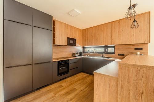 a kitchen with wooden cabinets and stainless steel appliances at Chalet na Fialce in Albrechtice v Jizerských horách
