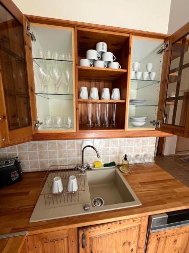 uma cozinha com um lavatório, chávenas e pratos em Király Családi Apartman- Royal Family Apartment em Budapeste