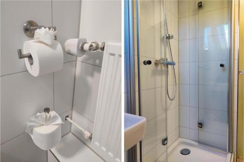 two pictures of a bathroom with a shower and a sink at FaFeWo Ferienhaus mit Sternekomfort in Tanne