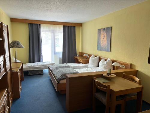 um quarto de hotel com uma cama e uma secretária em Naturhotel Blaubach em Blaubach