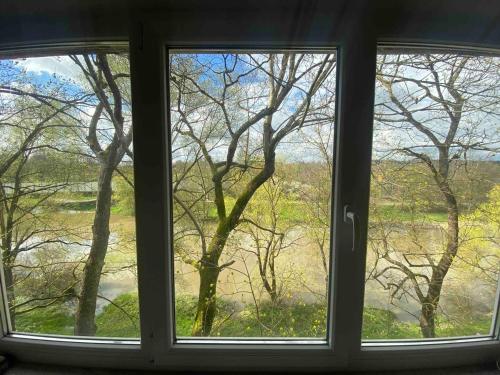 una ventana con vistas a un árbol en Entire apartment in Eggenfelden, en Eggenfelden