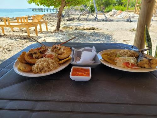 Tintipan Island的住宿－Hostel villa luz Beach，海滩餐桌上的两盘食物
