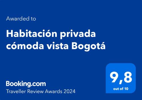 Сертификат, награда, вывеска или другой документ, выставленный в Habitación privada cómoda vista Bogotá