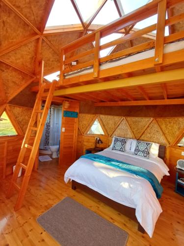 1 dormitorio con 1 cama elevada en una casa en un árbol en Reserva Campestre LA CABAÑA GLAMPING en Duitama