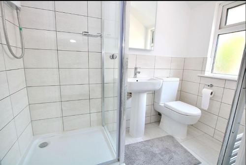 a bathroom with a shower and a toilet and a sink at Hood St in Kingsthorpe