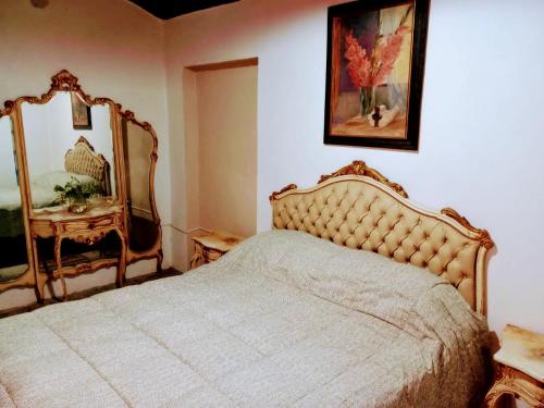 a bedroom with a bed and a mirror at dpto temporario in Las Compuertas