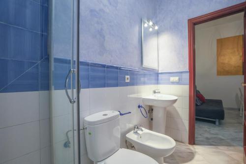 ein Bad mit einem WC und einem Waschbecken in der Unterkunft GALINDO CENTER PREMIUM SUITES, Free Parking in Sevilla