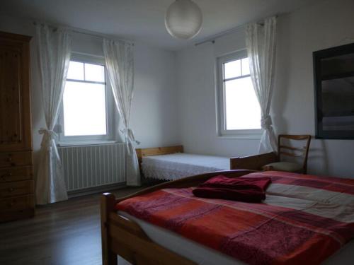 1 dormitorio con 1 cama grande y 2 ventanas en Holiday apartment Haus-Stumm, en Starkenburg