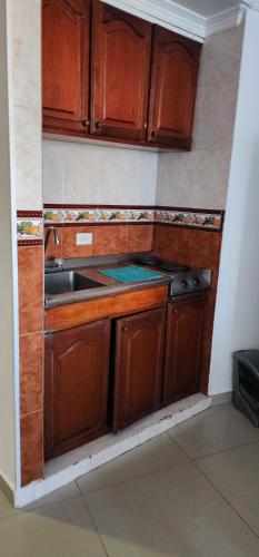 una cocina con armarios de madera y fregadero en Apartamento piso 15 Acostica, en Cartagena de Indias