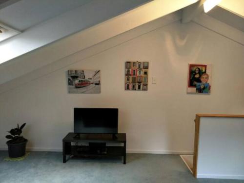 a living room with a flat screen tv on a wall at Amazing Lakeview Loft in Rotorua