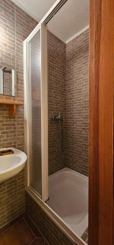 a bathroom with a shower and a sink at Srub pod Tetřevím vrchem in Dolni Dvur