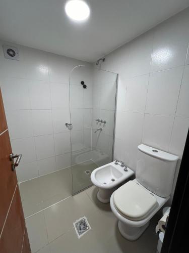 a bathroom with a toilet and a glass shower at Solares, Departamento zona centro in La Rioja