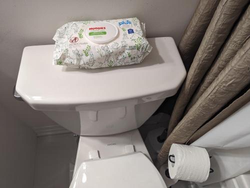 ein weißes WC mit einer Rolle Toilettenpapier darauf in der Unterkunft Honey Dew in Bowmanville