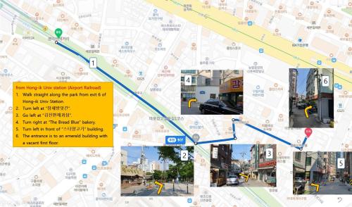 un collage de imágenes de un mapa de una ciudad en Coco Stay, en Seúl