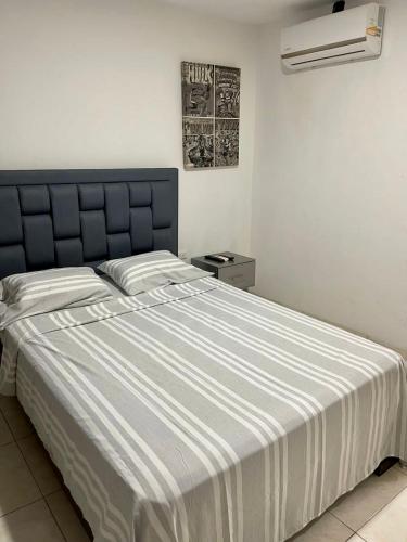 庫庫塔的住宿－Hermosa casa，一间卧室配有一张带条纹毯子的大床