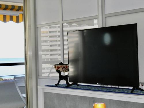 une statue de chat assise au-dessus d'une télévision à écran plat dans l'établissement Appartement 3 Pièces avec Terrasse, 4 Couchages, Climatisation, Villeneuve-Loubet Plage - FR-1-252A-116, à Villeneuve-Loubet
