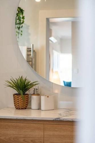 a bathroom with a mirror and a plant on a counter at Marble at South Plympton - 4BR Modern WiFi in South Plympton