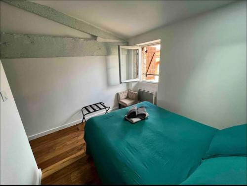 a bedroom with a green bed and a window at La Perle des Carmes in Toulouse