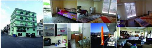 a collage of four pictures of a living room at HELLAS PALACE ROOMS balcony in Sparti
