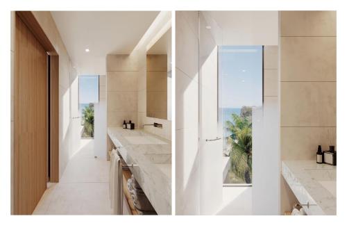 duas fotografias de uma casa de banho com lavatórios e uma janela em Silversands Beach House Grenada em Bamboo