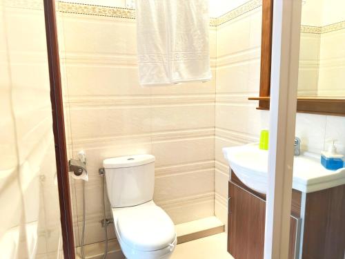 a bathroom with a toilet and a sink at Residence Le Point Choisy in Pointe aux Cannoniers