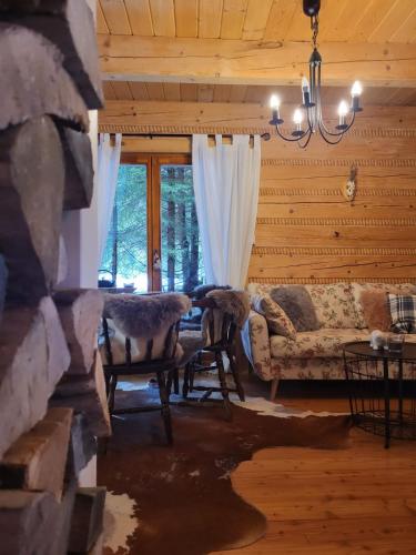 a living room with a couch and a table at domek w zaczarowanym lesie in Istebna