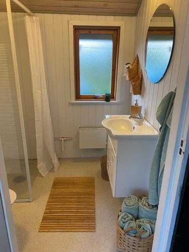 uma casa de banho com um lavatório e um espelho em Skønt hus gåafstand til tornby strand em Hirtshals