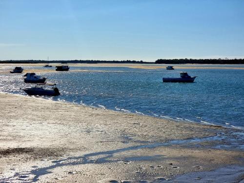 a group of boats in the water on a beach at Seaside holiday house in Burrum Heads
