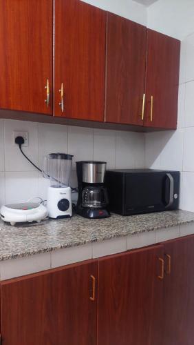 a kitchen counter with a blender and a toaster at Furnished Homes Nakuru with pool & GYM in Nakuru