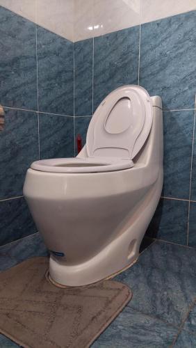 a white toilet in a bathroom with a tiled wall at Furnished Homes Nakuru with pool & GYM in Nakuru