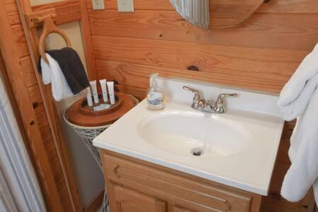 a bathroom with a white sink in a room at Cuddles, 1 Bedroom Studio, Walk to Downtown and Hiking Trails! in Gatlinburg