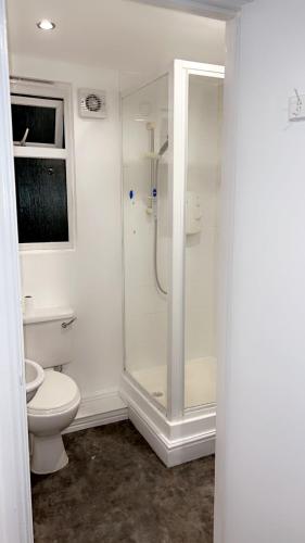 a white bathroom with a shower and a toilet at Sunrise Retreat in London