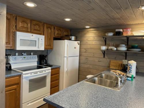 La cuisine est équipée d'un réfrigérateur blanc et d'un évier. dans l'établissement Hey Diddle Diddle cabin, à Pigeon Forge