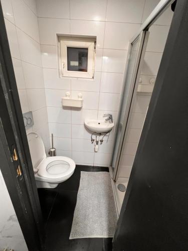 een kleine badkamer met een toilet en een wastafel bij Au cœur de Bruxelles in Brussel