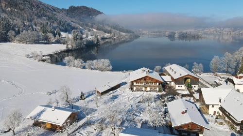 an aerial view of a village in the snow at Der Anderlbauer am See in Schliersee