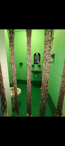 Baño verde con lavabo y espejo en Habitación privada Mazunte, en Santa María Tonameca