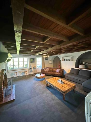 sala de estar con sofá y mesa de centro en Appartement avec grande terrasse, en Saint-Alban-les-Eaux
