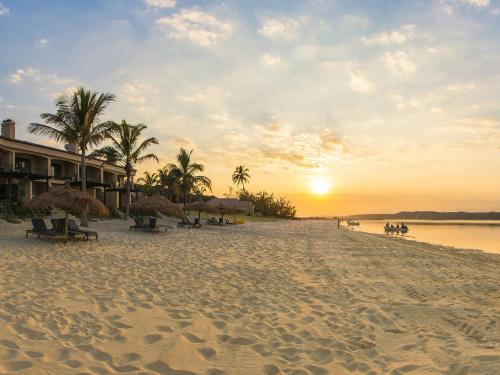 a beach with chairs and palm trees at sunset at San Martinho Beach Club in Vila Praia Do Bilene