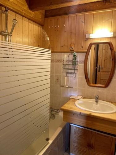 une salle de bain avec un lavabo et un miroir dans l'établissement Chalet le Génépi 4-6 pers, à Champagny-en-Vanoise