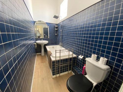 a blue tiled bathroom with a toilet and a sink at Villa calme, terrasse, climatisée, près d'Obalia, proche mer, parking inclus, classée 3 étoiles - FR-1-503-174 in Balaruc-les-Bains