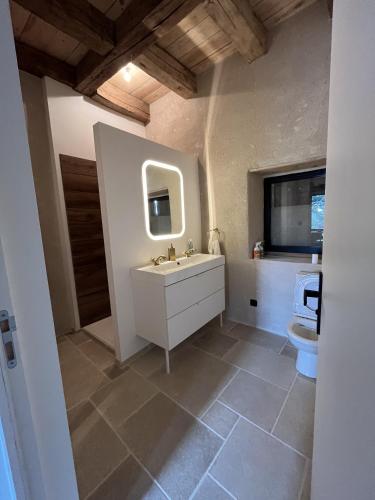 La salle de bains est pourvue d'un lavabo et de toilettes. dans l'établissement Appartement dans une vieille ferme bugiste, à Ceyzérieu