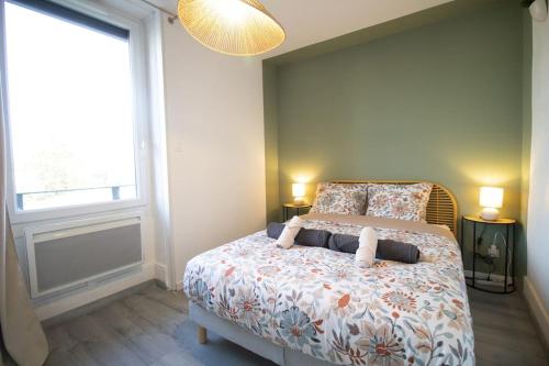 een slaapkamer met een bed met 2 kussens en een raam bij L'appartement du VH in Bourg-en-Bresse