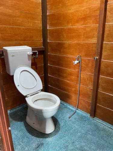 a bathroom with a toilet and a shower at Hj Hassan Floating Cabin in Kuala Terengganu